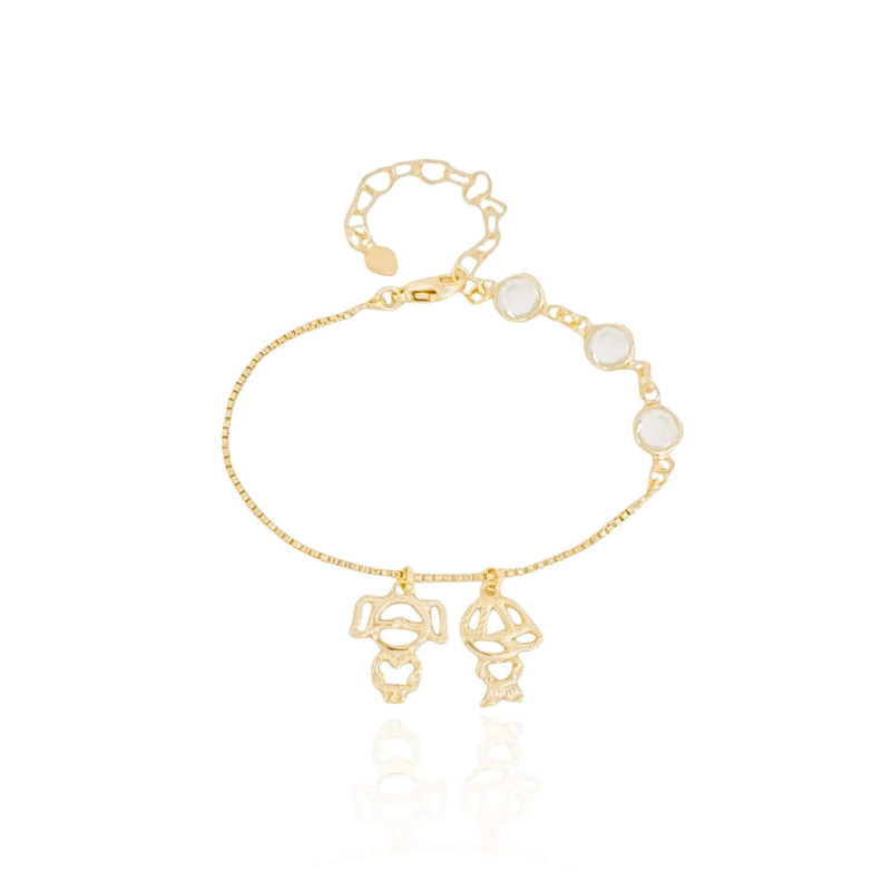 Pulseira Pontos de Luz Cristal Pingentes Menino e Menina Banhado a Ouro 18K