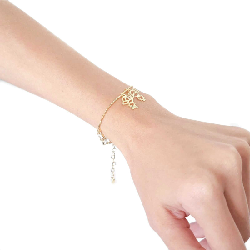 Pulseira Pontos de Luz Cristal Pingentes Menino e Menina Banhado a Ouro 18K