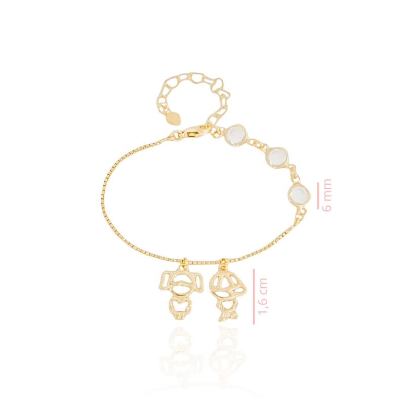 Pulseira Pontos de Luz Cristal Pingentes Menino e Menina Banhado a Ouro 18K