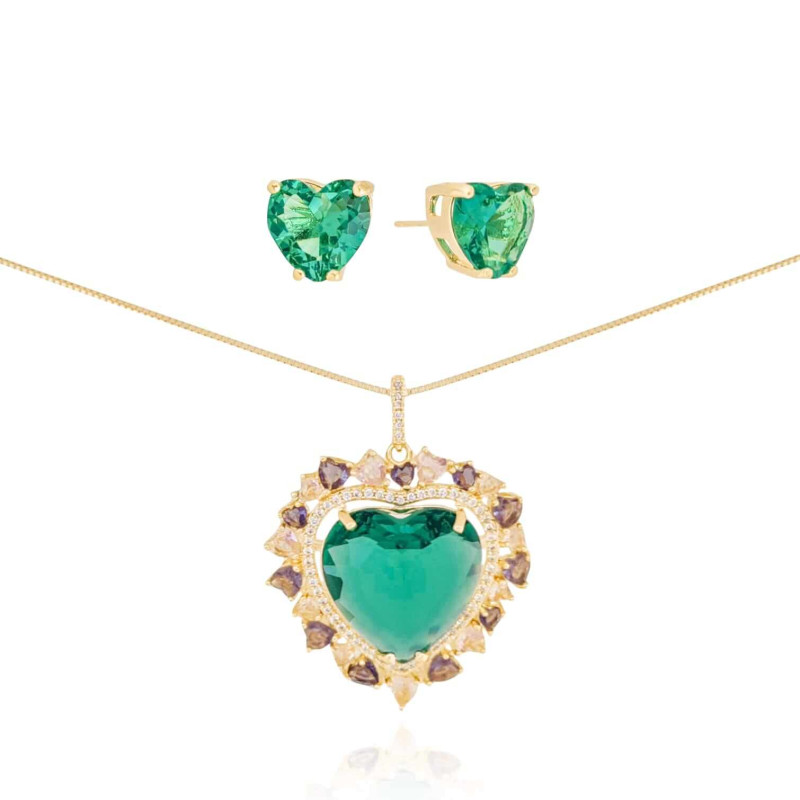 Conjunto Coração Turmalina Pingente Borda Cravejada Cristal com Corações Safira Rosa e Ametista Banhado a Ouro 18K