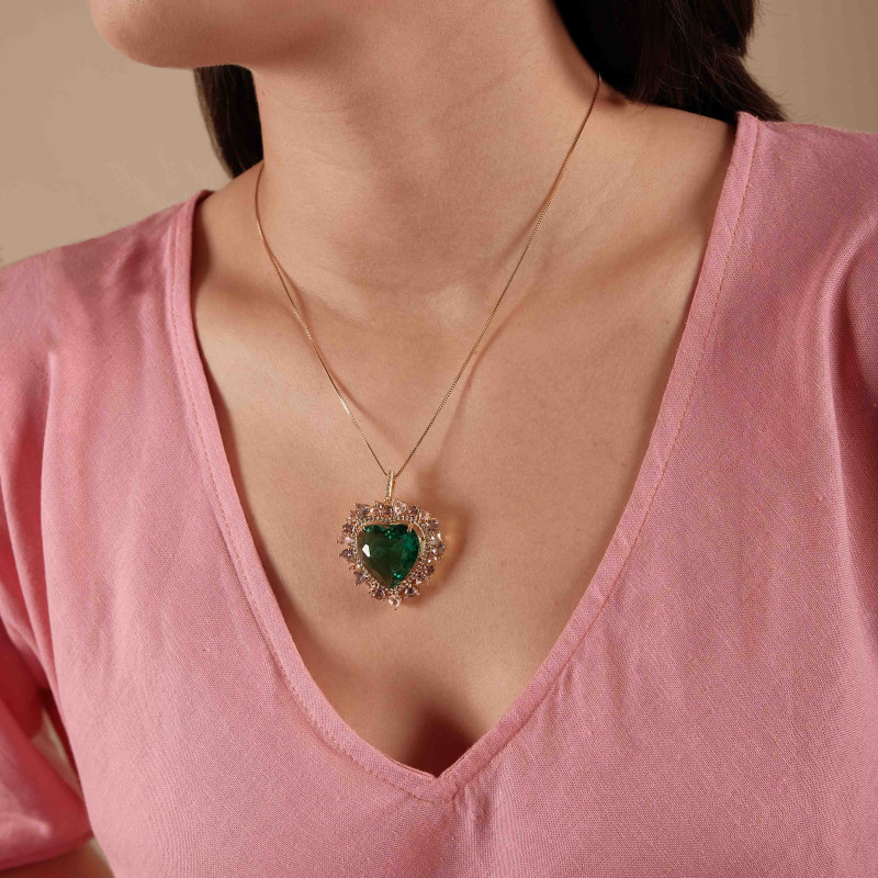 Conjunto Coração Turmalina Pingente Borda Cravejada Cristal com Corações Safira Rosa e Ametista Banhado a Ouro 18K