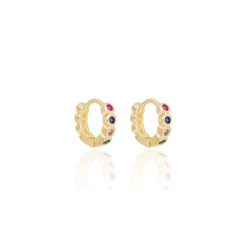 Brinco Argola Pequena Pontos de Luz Coloridos Cravação Inglesa Banhado a Ouro 18K