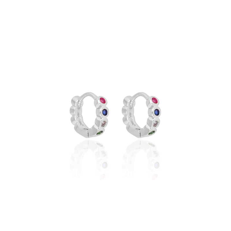 Brinco Argola Pequena Pontos de Luz Coloridos Cravação Inglesa Ródio Branco