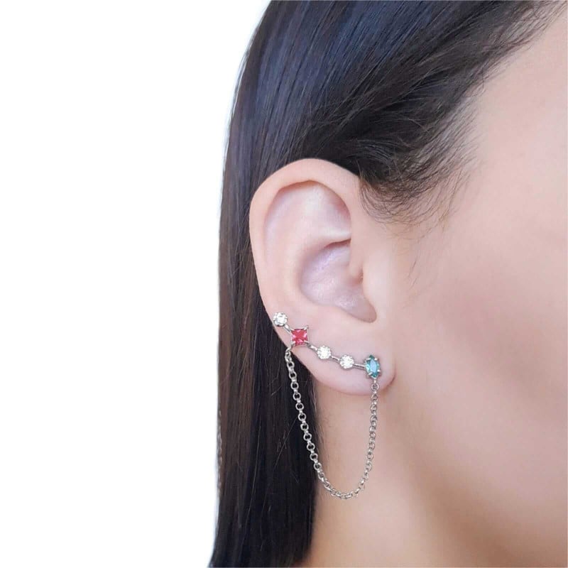 Ear Cuff Colorido Navete e Pontos de Luz Corrente Ródio Branco