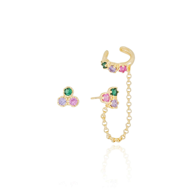 Ear Line Piercing Unilateral Colorido Pontos de Luz Corrente Banhado a Ouro 18K