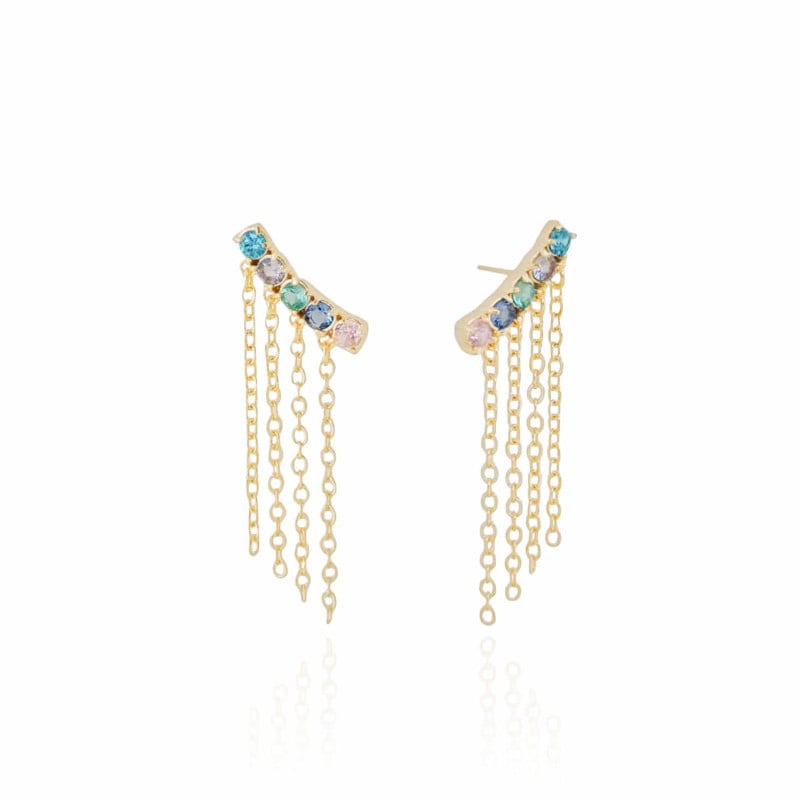 Ear Cuff Franja Base Colorida Pontos de Luz Banhado a Ouro 18K