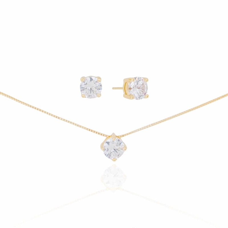 Conjunto Ponto de Luz Cristal Banhado a Ouro 18K