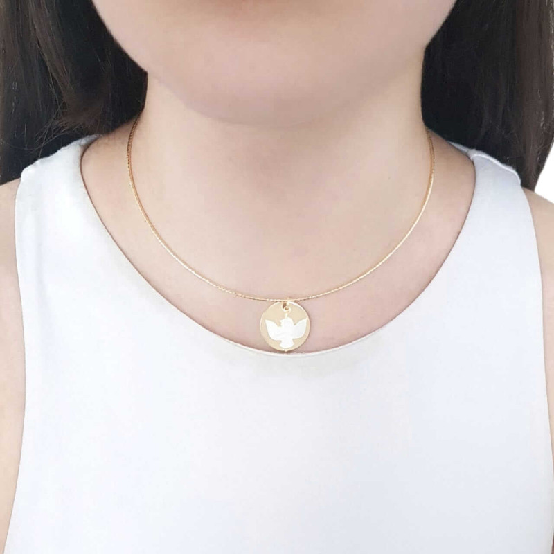Choker Pingente Espirito Santo Madreperolola Base Flat Aro Flexível