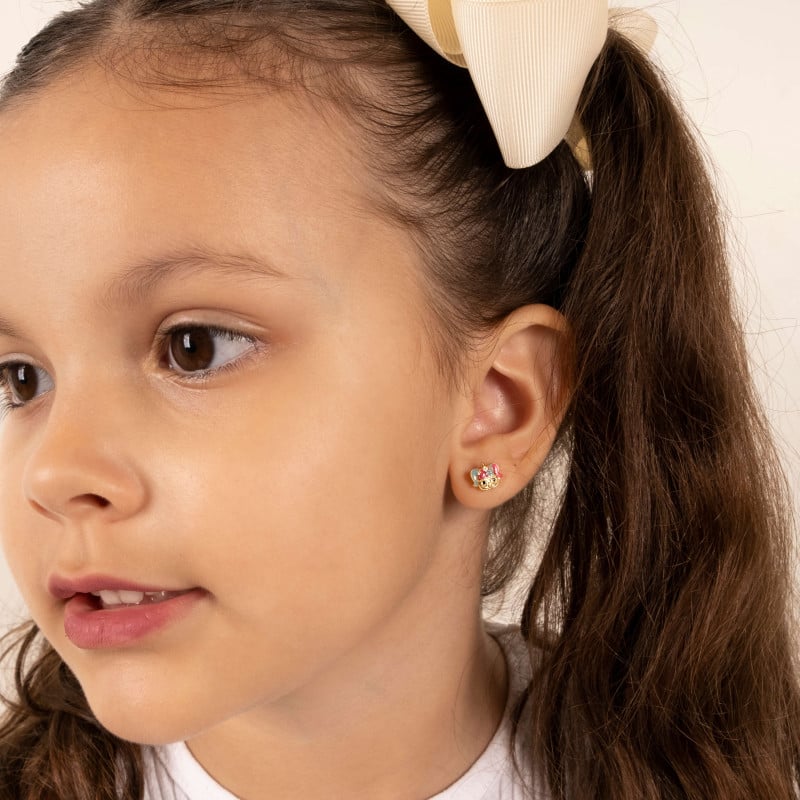Brinco Infantil Menina Colorida Banhado a Ouro 18K