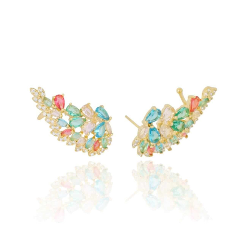 Ear Cuff Folha Colorida e Borda Cristal Piercing Banhado a Ouro 18K