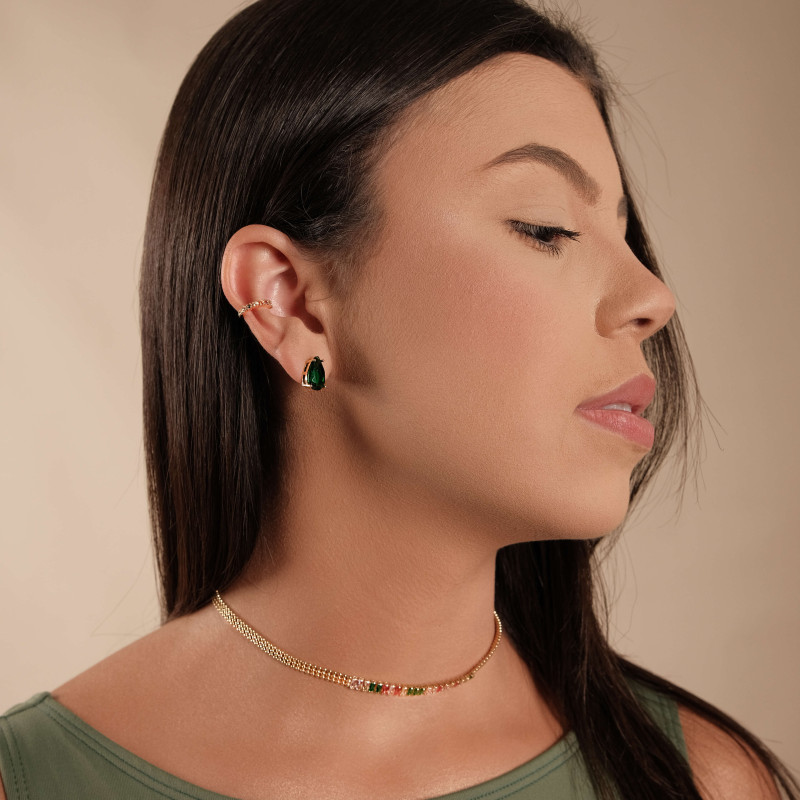 Choker Baguetes Coloridas Malha Bolinhas Banhado a Ouro 18K