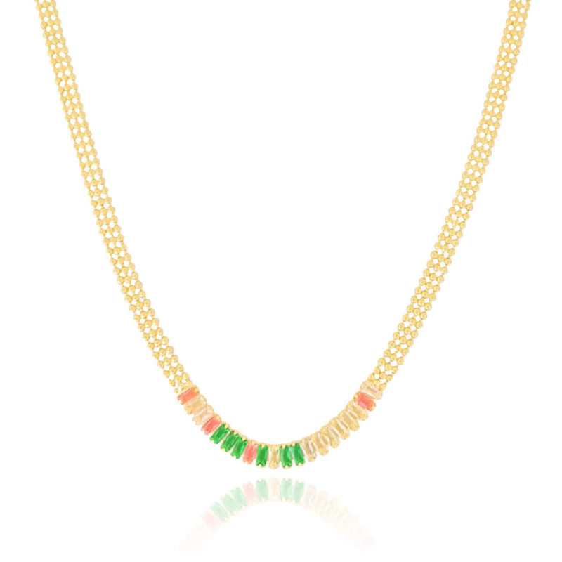 Choker Baguetes Coloridas Malha Bolinhas Banhado a Ouro 18K