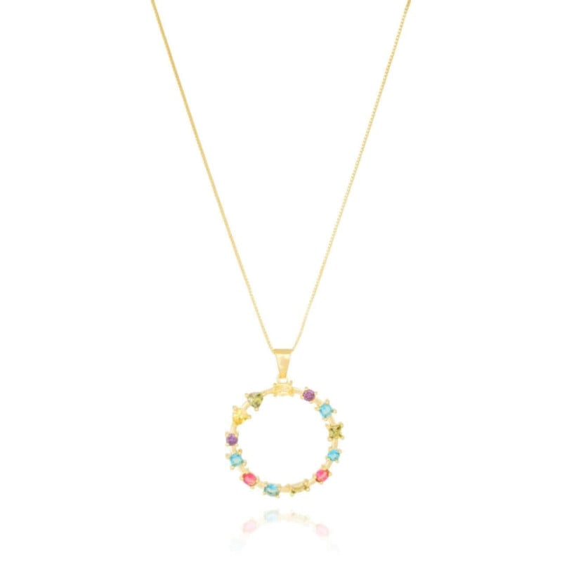 Gargantilha Veneziana Mandala Redonda Colorida Banhado a Ouro 18K