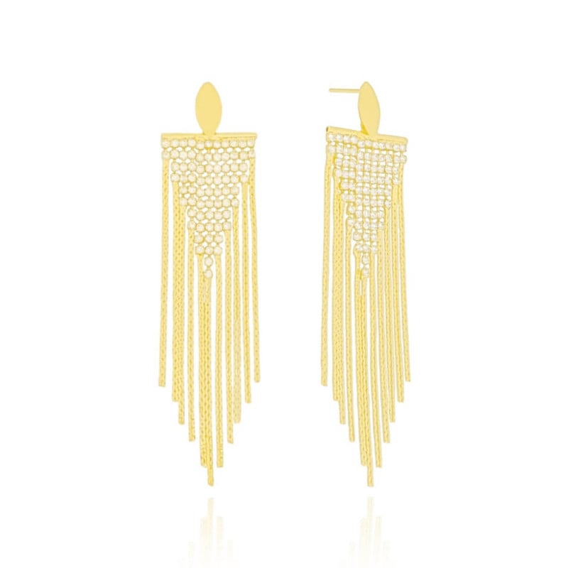 Brinco Base Oval Franja Cravejada Cristal Banhado a Ouro 18K