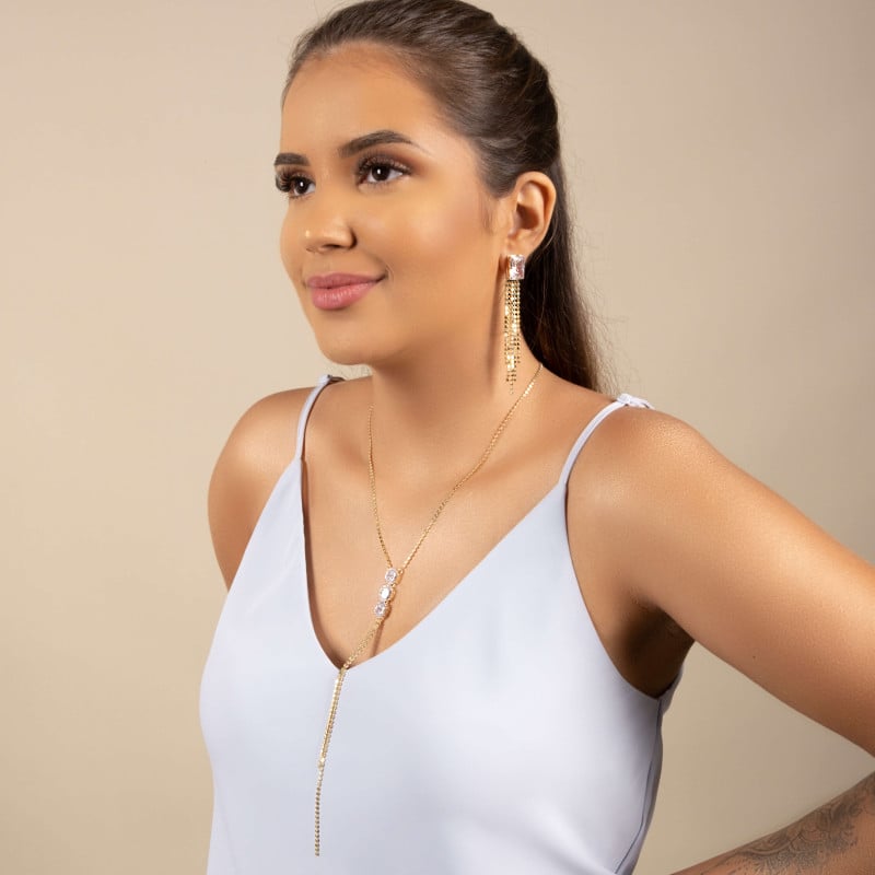 Brinco Retangular Cristal Franja com Plaquinhas Achatadas Banhado a Ouro 18K