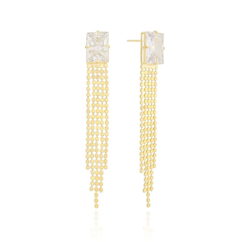 Brinco Retangular Cristal Franja com Plaquinhas Achatadas Banhado a Ouro 18K