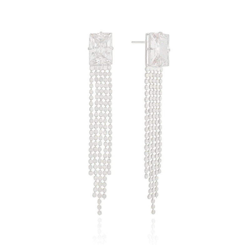 Brinco Retangular Cristal Franja com Plaquinhas Achatadas Ródio Branco