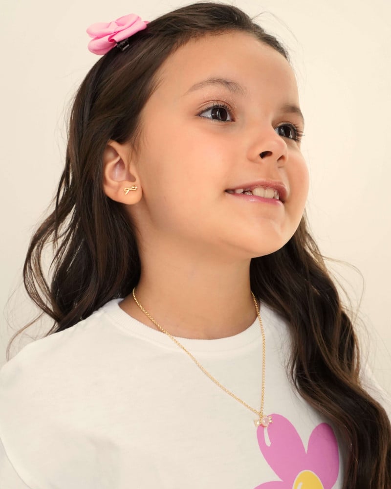 Gargantilha Infantil Pingente Bala Rosa Leitoso Cristal Banhado a Ouro 18K