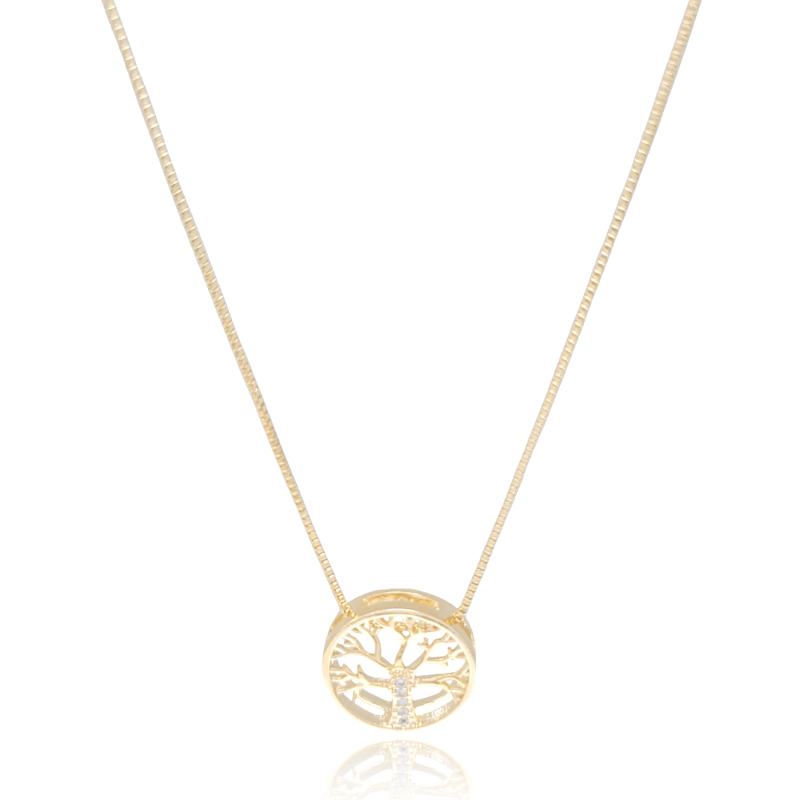 Gargantilha Árvore da Vida Cravejada Cristal Banhado a Ouro 18K