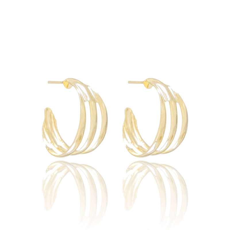 Brinco Argola Três Filetes Lisos Tamanho M Banhado a Ouro 18K