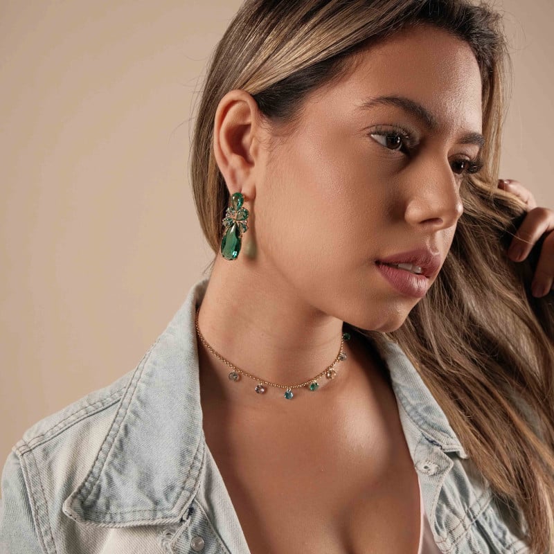 Brinco Gotas Turmalina Cravejado Zircônia Banhado a Ouro 18K