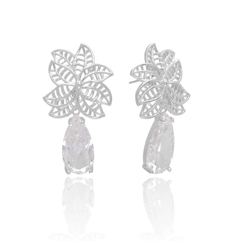 Brinco Folhas com Gota Cristal Ródio Branco