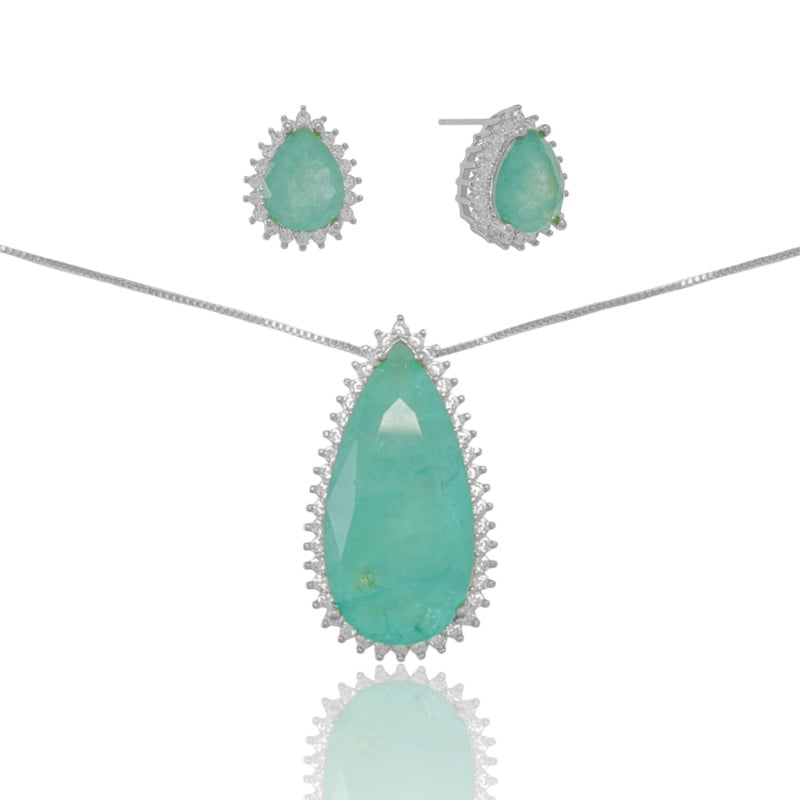 Conjunto Gota Turmalina Fusion Cravejado Zircônia Ródio Branco