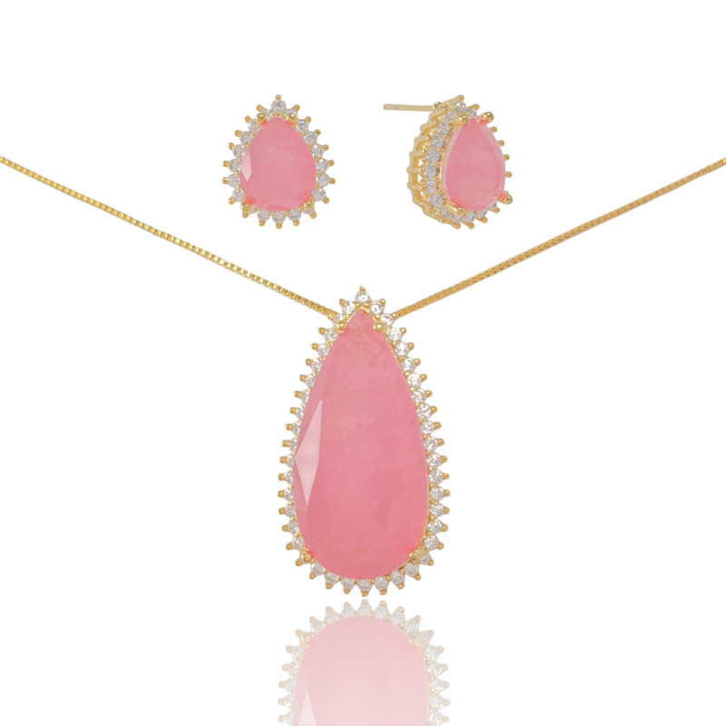 Conjunto Gota Rosa Fusion Cravejado Zircônia Banhado a Ouro 18K