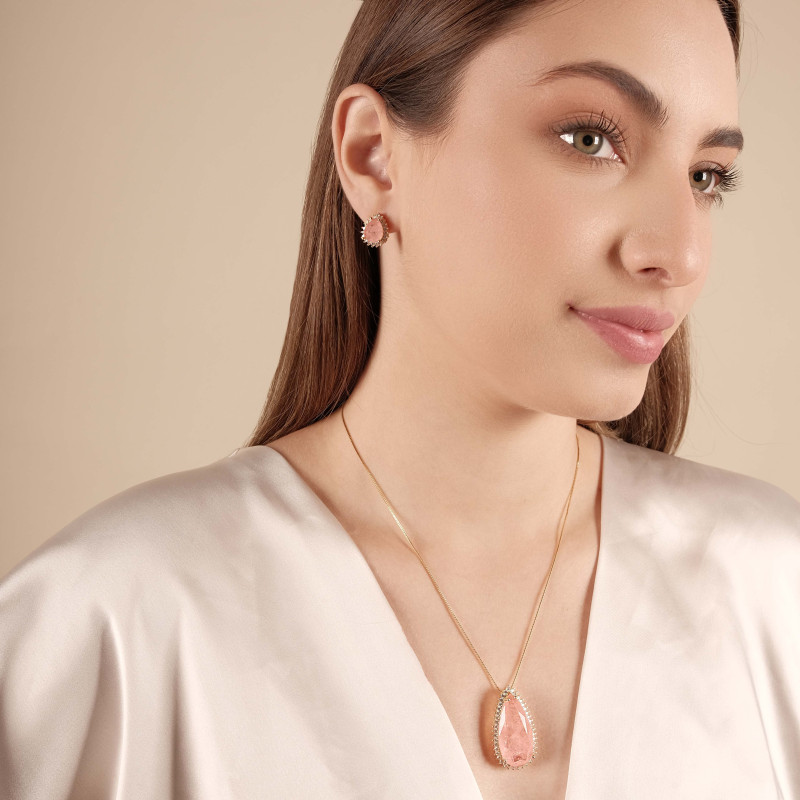 Conjunto Gota Morganita Fusion Cravejado Zircônia Banhado a Ouro 18K