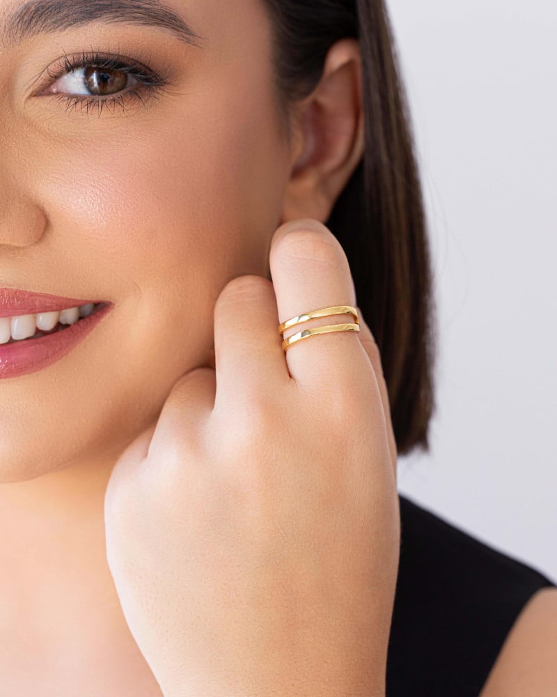 Anel Ajustável Dois Filetes Liso Tamanho M Banhado a Ouro 18K