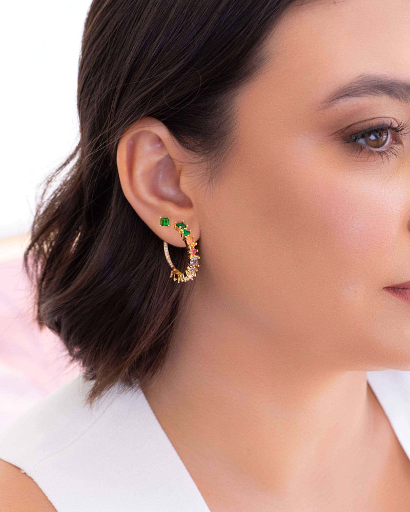 Brinco Argola Colorido Carré Banhado a Ouro 18K