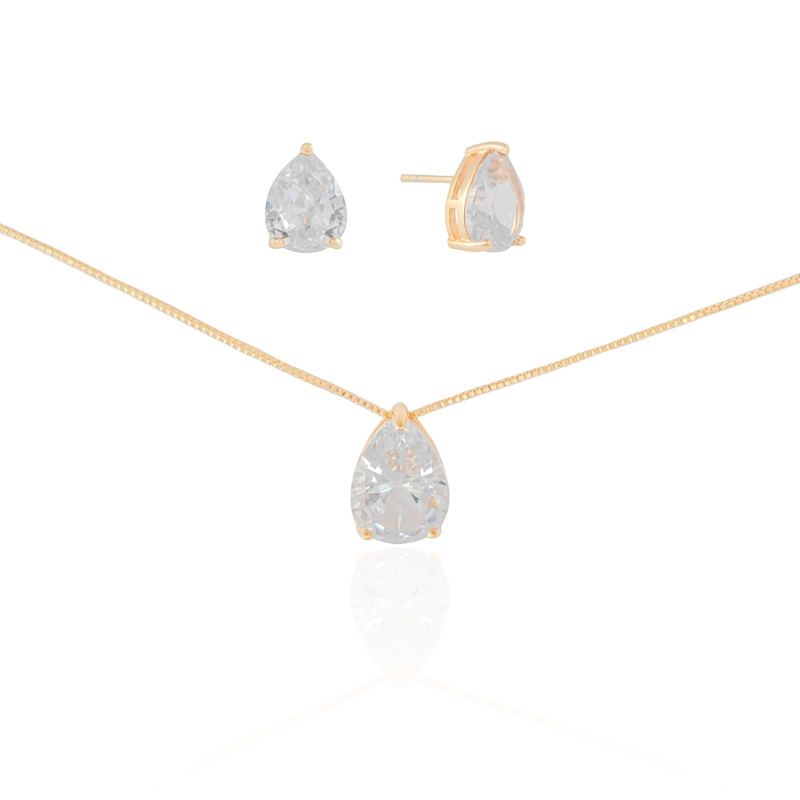Conjunto Gota Cristal Banhado a Ouro 18K