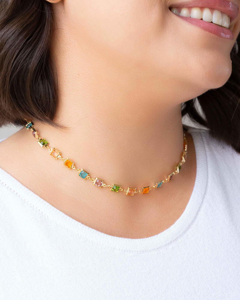Choker Pontos de Luz Quadrados Coloridos Banhado a Ouro 18K