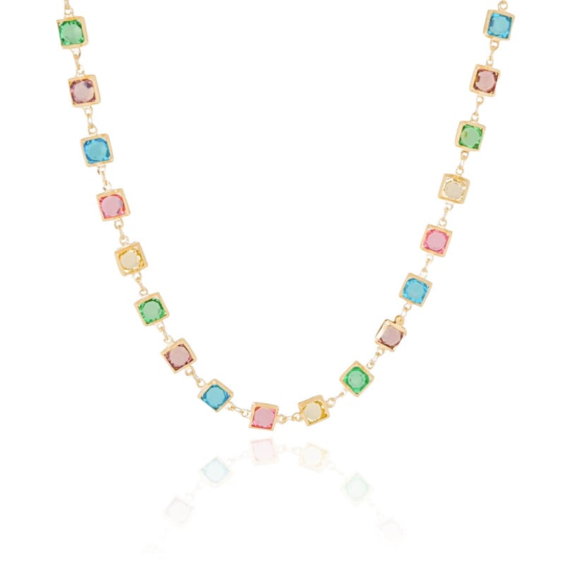 Choker Pontos de Luz Quadrados Coloridos Banhado a Ouro 18K