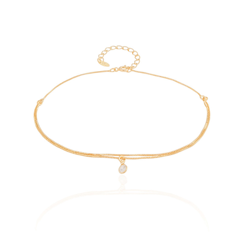 Tornozeleira Veneziana Dupla com Ponto de Luz Cristal Banhado a Ouro 18K