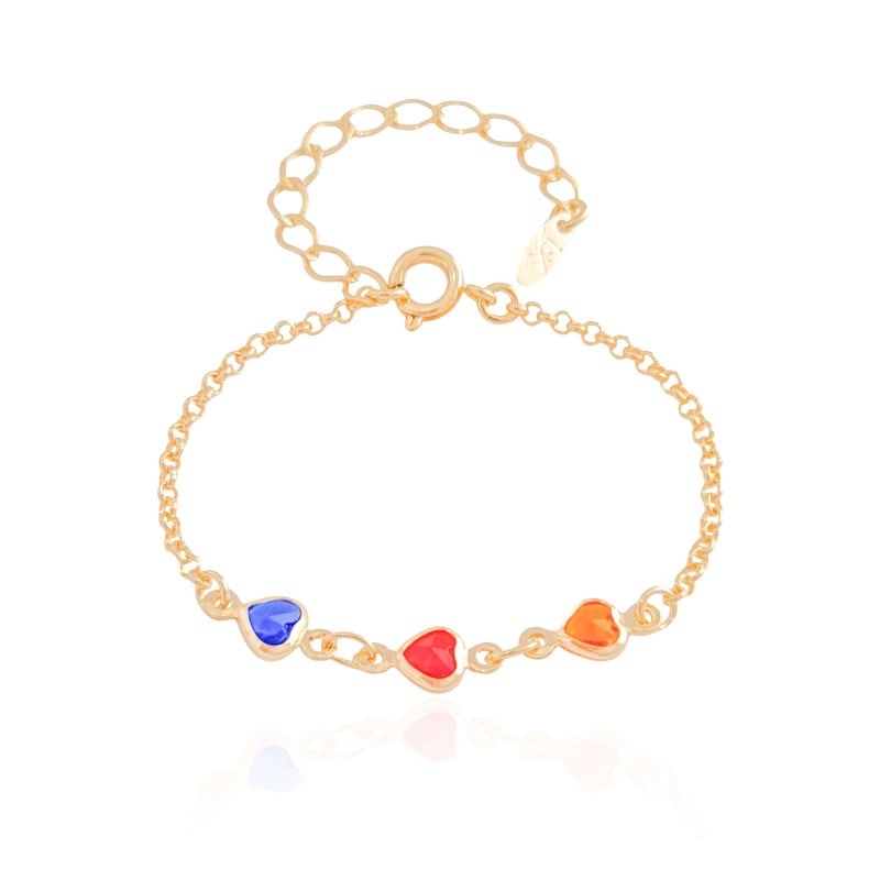 Pulseira Infantil Corações Colorido Banhado a Ouro 18K