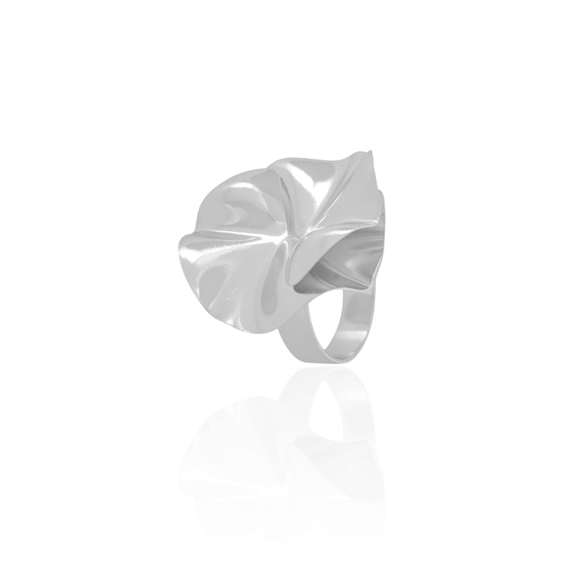 Anel Ajustável Flor Orgânica Tamanho G Ródio Branco