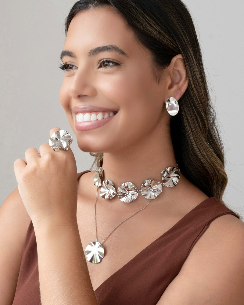 Anel Ajustável Flor Orgânica Tamanho G Ródio Branco
