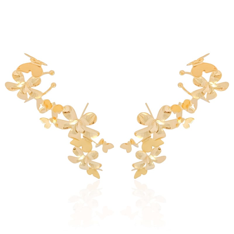 Ear Cuff Flores e Borboletas Banhado a Ouro 18K
