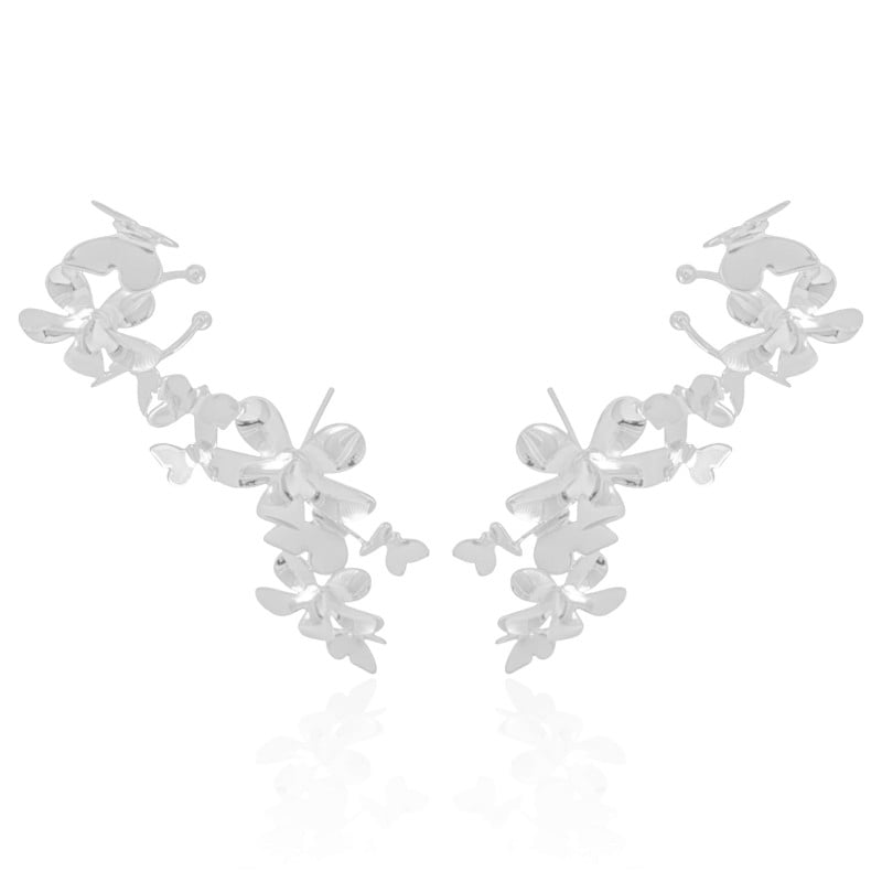 Ear Cuff Flores e Borboletas Ródio Branco
