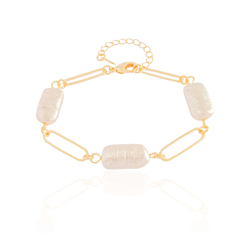 Pulseira Elos Ovais e Pérolas Barroca Banhado a Ouro 18K