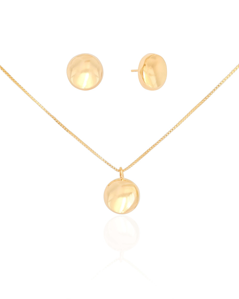 Conjunto Redondo Achatado Liso Banhado a Ouro 18K
