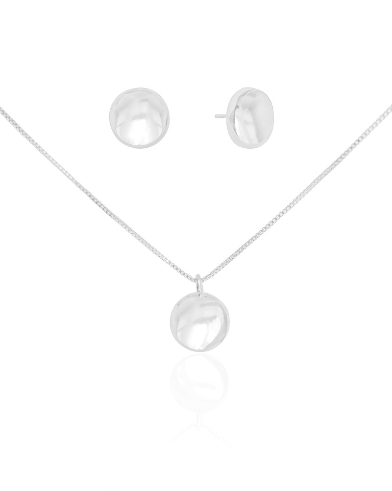Conjunto Redondo Achatado Liso Ródio Branco