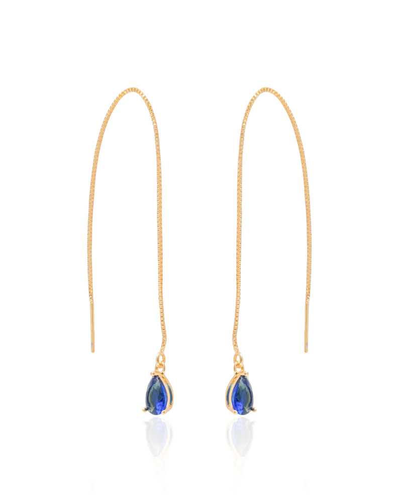 Brinco Passante Gota Safira Azul Banhado a Ouro 18K