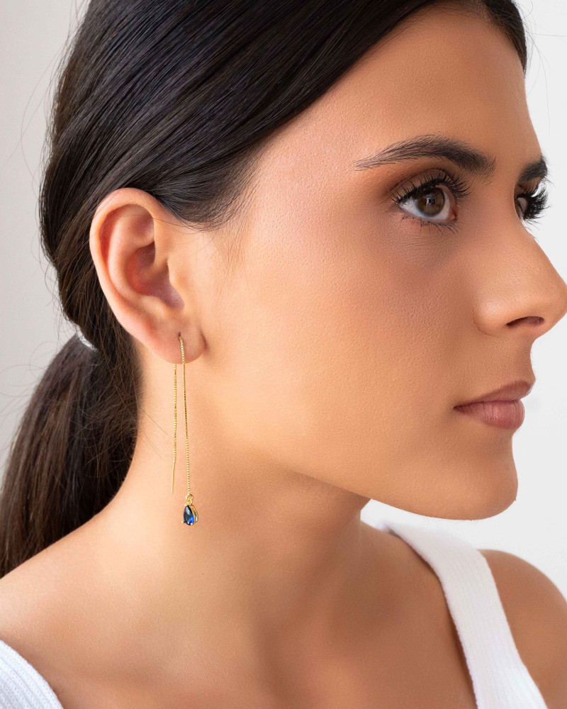 Brinco Passante Gota Safira Azul Banhado a Ouro 18K