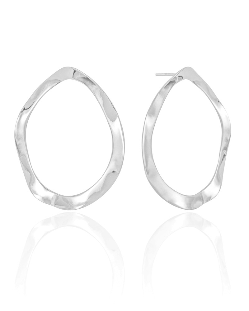 Brinco Oval Ondulado 4 cm Ródio Branco