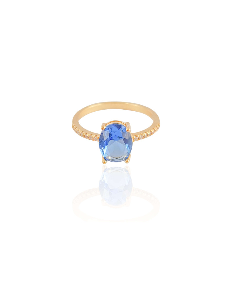 Anel Oval Safira Azul Tamanho 16 Banhado a Ouro 18K