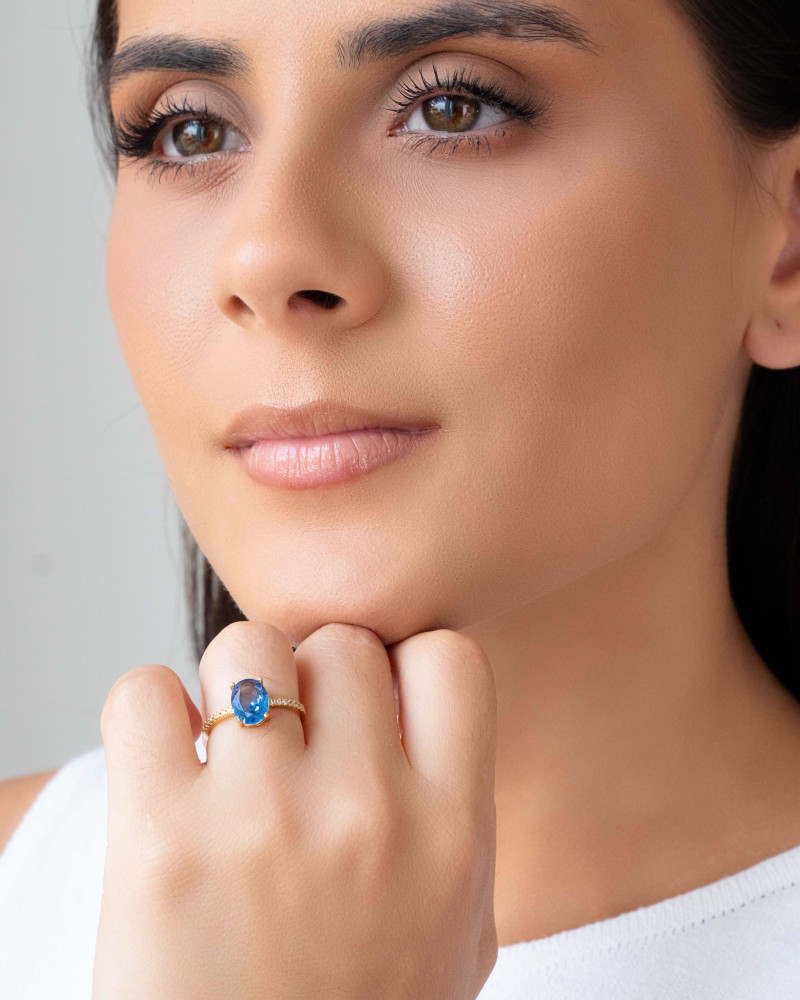 Anel Oval Safira Azul Tamanho 16 Banhado a Ouro 18K