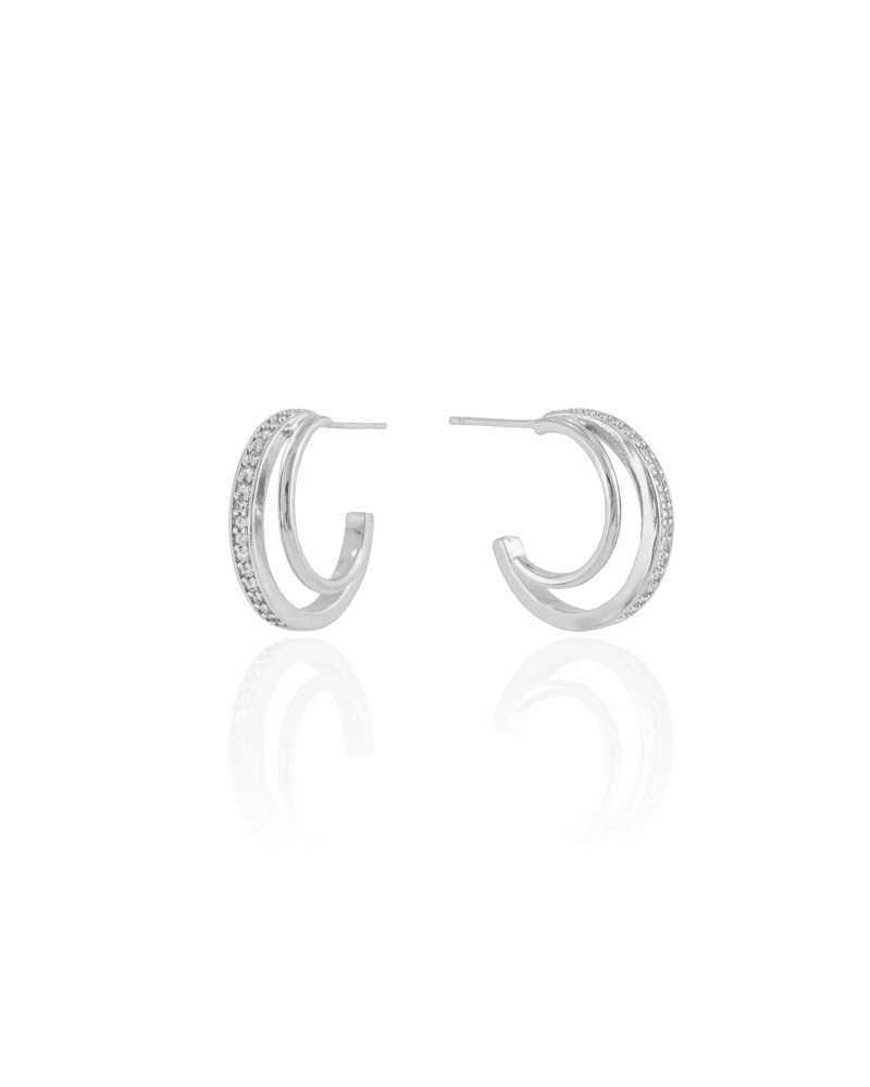 Brinco Argola Dois Filetes Cravejado Cristal 1.8 cm Ródio Branco