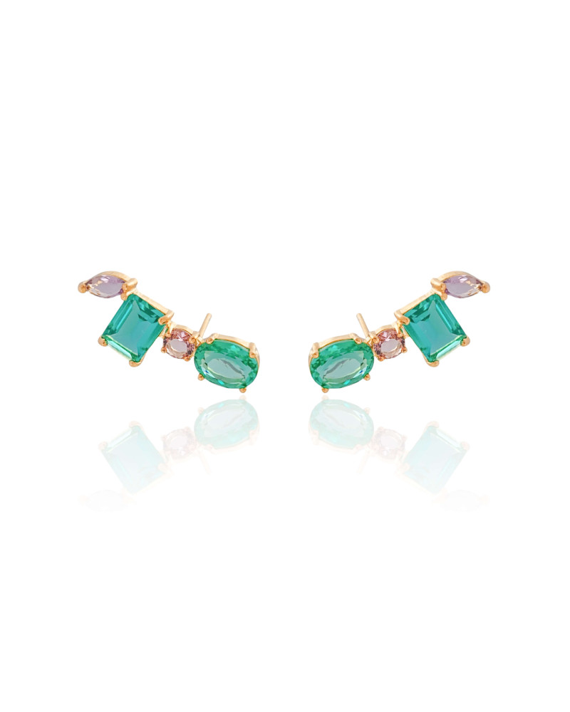 Ear Cuff Quadrado Oval Colorido Banhado a Ouro 18K